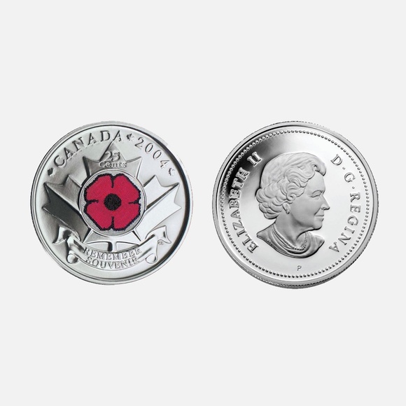 Six 2004-P Canadian 25-Cent Remembrance Poppy Coloured Quarter Coin - Picture 3 of 3